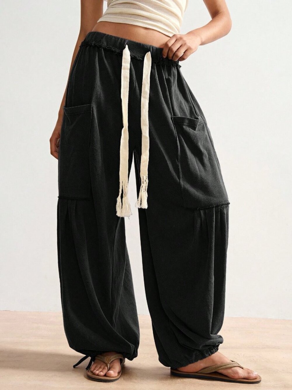 Black Casual Boho Knit Women's Drawstring Oversized Loose Pants